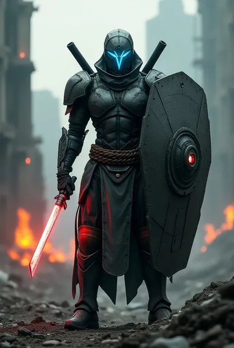 A lone, futuristic warrior stands amidst the ruins of his once-great civilization. He is clad in advanced, battle-worn armor, with a glowing, energy-infused katana in one hand and a massive, high-tech shield in the other. His robotic mask is cracked but st...