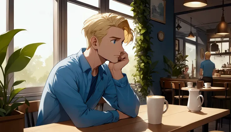 high definition image, estilo disney pixar. a 30-year-old man, Fair skin and blonde hair,  is sitting at a cafe looking out the window with a decisive expression ,  holding a cup of coffee.  He wears a blue shirt and is at a table next to decorative plants...