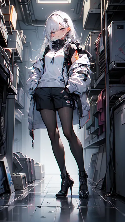  1 girl,  long hair,  Cyberpunk ,  Alice in Wonderland,   black high heels  ,  put hands in pockets , Best Quality, 4K, 8k,  Hi-Res, masterpiece:1.2, Super detailed, Realistic, photoRealistic, photo-Realistic:1.37,  Hi-Res, 超 Hi-Res,  studio lighting, Ultr...