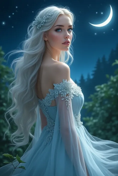 A elegant woman with long silver hair and a typical forest princess dress, sea-blue eyes and a background of the night sky, moon and stars.