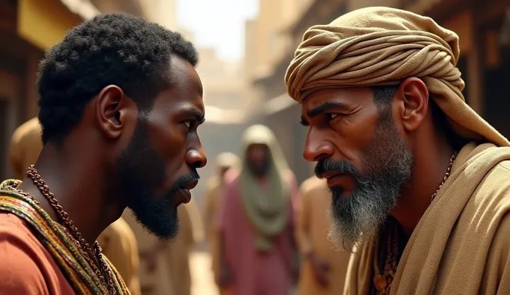 A close-up shot of an Egyptian market scene, with a Nubian trader and an Egyptian merchant bargaining over goods. The tension is evident in their faces as they negotiate, surrounded by bystanders who are watching the exchange with interest, highlighting th...