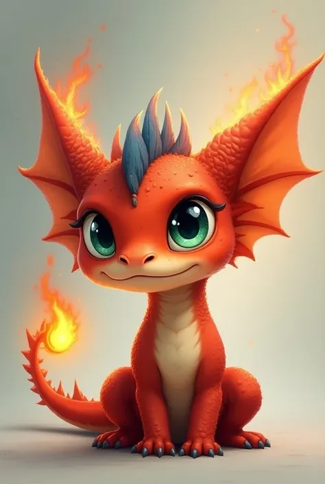 Smolder LOL, baby dragon , RED SKIN COLOR ,  lower part of the body , White color,  a little blue on the top, big ears,  fire where the horns are located , green eyes, vertical pupils