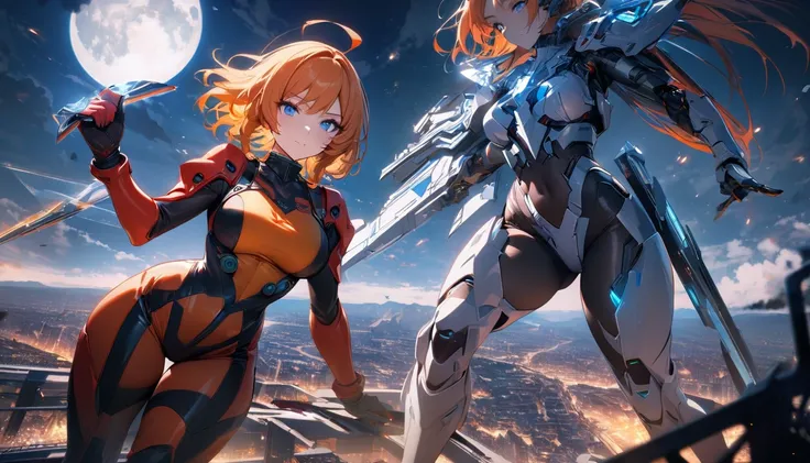 Adult Women,   long orange hair from behind the light,  blue eyes, cyborg,  very tight transparent battle suit,  cyberblade in hand , transparent elements , masterpiece, Best Quality, Full HD, 8k,  ultra detailed,  amazing graphics , Asaka Kouka,  vs. Demo...