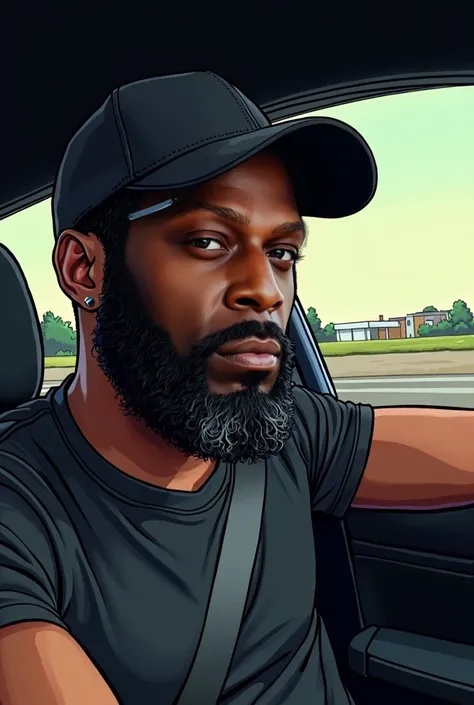 comic art style image is a selfie of a BLACK man sitting in the DRIVERS seat of a car DRIVING. He is wearing a black cap BACKWARDS and a black t-shirt. He has a GRAY AND BLACK  beard and is looking directly at the camera with a serious expression on his fa...