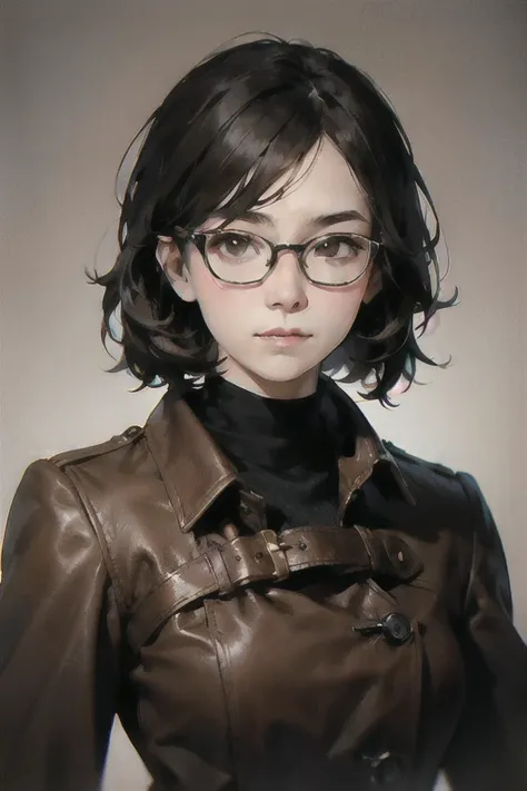 adult woman in glasses with extremelly small breast, junior body, Short disheveled brown shaggy hair, rounded face, weared only to old worn dark brown leather coat on full naked body, shoulder length portrait