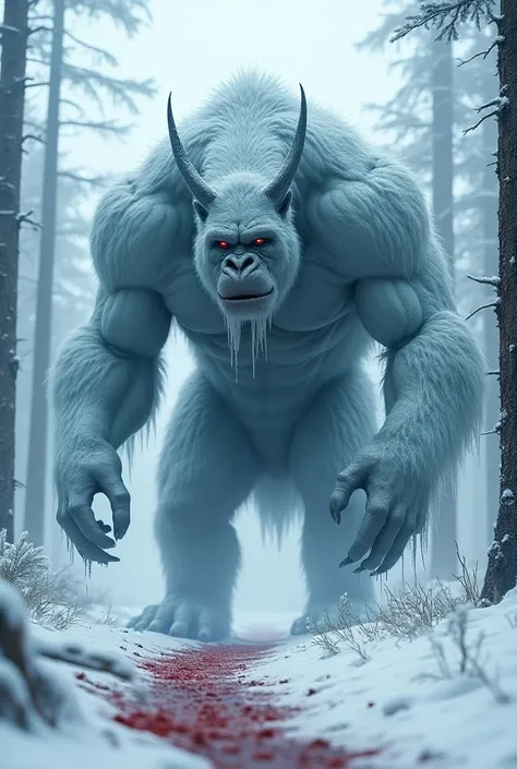 [A colossal, icy beast, its fur the color of glacial ice, its horns sharp as daggers, stalks through a snow-laden forest; emphasizing the creatures size and menacing approach and he killed the powerful muscular bloodied gorrila.