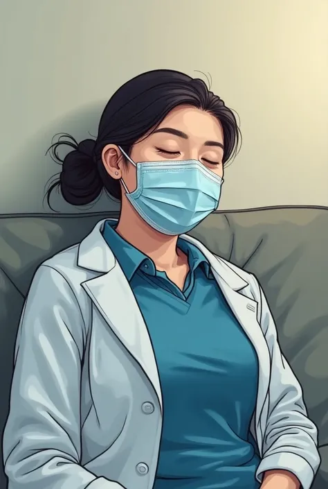 Woman in a blue sweater wearing a mask and sleeping on the couch, Sengai&#39;s paintings,  shutterstock , What is it?？,  A cartoon man wearing a mask and white coat with a surgical mask to cover his mouth , Wear a mask, Wearing a mask, Having a cold, Wear ...