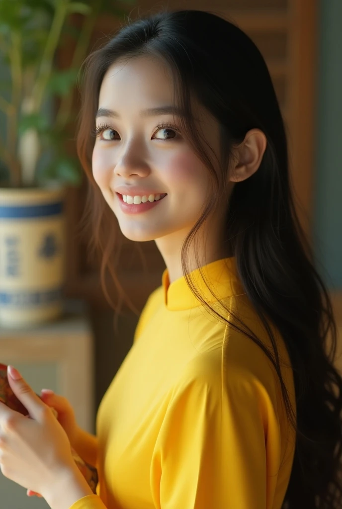 
cinematic photo vietnammese woman 22 years old, 3/4 shot, with gorgeous eyes and skin, smiling, long hair, eye looking up top left, hand holding Book, Ao Dai yellow dress. 35mm photograph, film, bokeh, professional, 4k, highly detailed