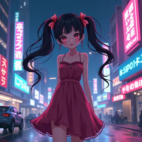 , in a dress, with ponytails, big eyes, night, neon, gta style