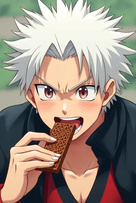 adult gojo eating kitkat happy