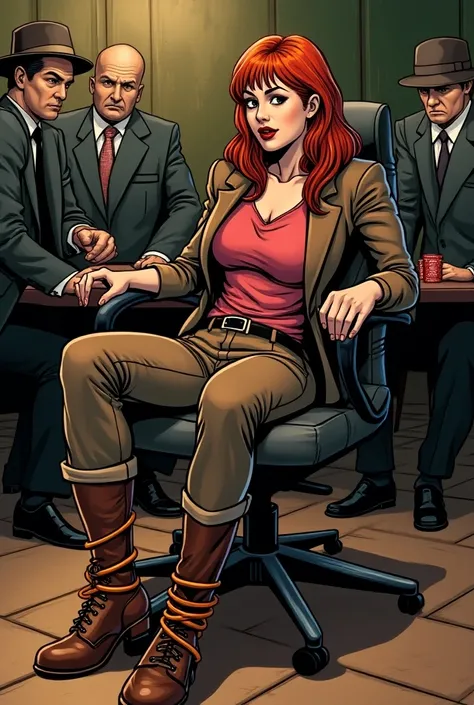 A female news reporter with long red hair discovers a hideout of bank robbers. She is captured and trust up in a swivel chair just like in a classic comic book. She is wearing a brown jacket, brown slacks, brown boots and a pink blouse. She is tied up in o...