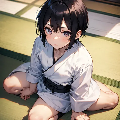 boy wearing a white kimono、Seated on tatami mat、Black Hair、Dark Eyes、