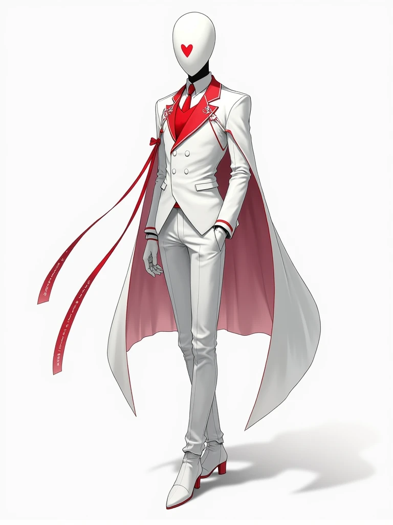 "Create a refined, anime-inspired illustration of a character known as the Knight of Cups. The character wears a sleek, formal uniform in white with red accents, including a prominent red heart symbol on the chest. His face is covered by a full white mask ...