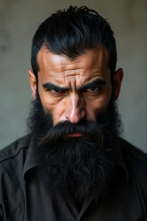 A 30-year-old Iraqi man with a very scary black beard and a black moustache. 