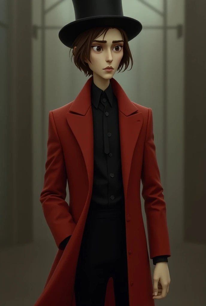 a tall slender man with very pale skin. He has chin-length brown hair in a bob. He has brown eyes wears a red colored overcoat that goes down to his knees over a black shirt. He also wears a tall black hat and black shoes in pixar style 