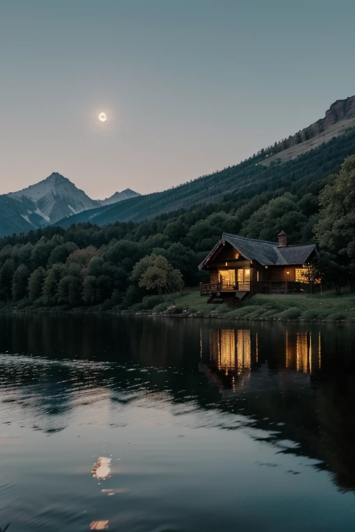 A house in the background of a lake at night near the forest, the moon is shining,  in the background of a mountain 