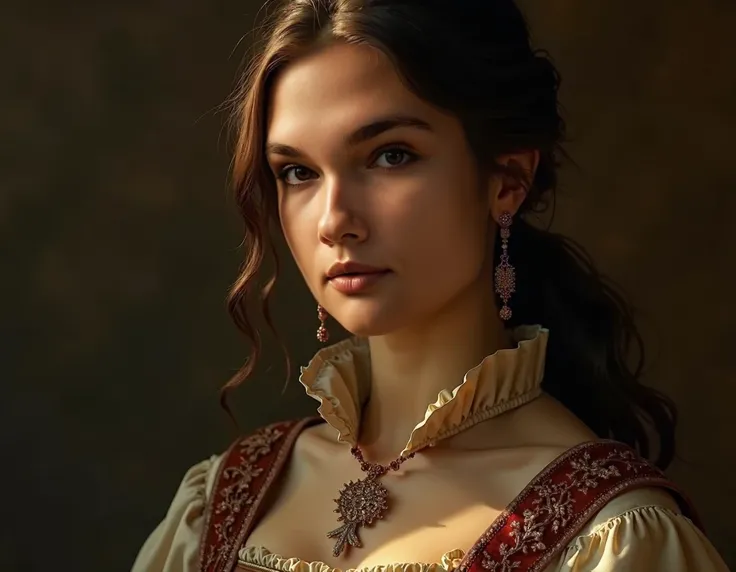 a young lady in the 5th century AD, beautiful detailed eyes, beautiful detailed lips, extremely detailed eyes and face, long eyelashes, ornate medieval dress, high collar, renaissance style, oil painting, intricate details, dramatic lighting, warm color pa...