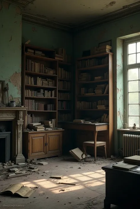 Broken bookshelves inside living room