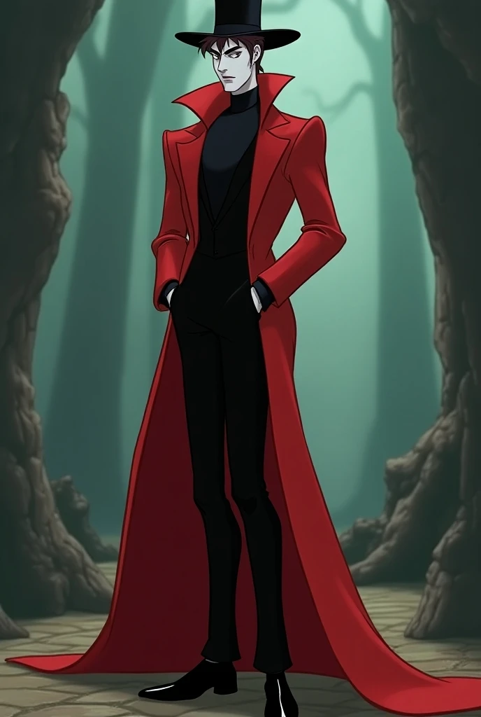 a tall slender man with very pale skin. He has chin-length brown hair in a bob. He has brown eyes wears a red colored overcoat that goes down to his knees over a black shirt. He also wears a tall black hat and black shoes in disney style 