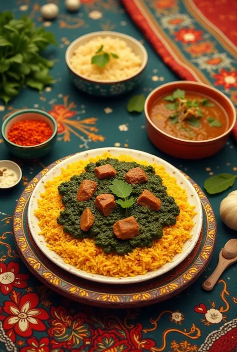 post card on sindhi cuisine saag biryani curry  like traditional food in folk art moment 
