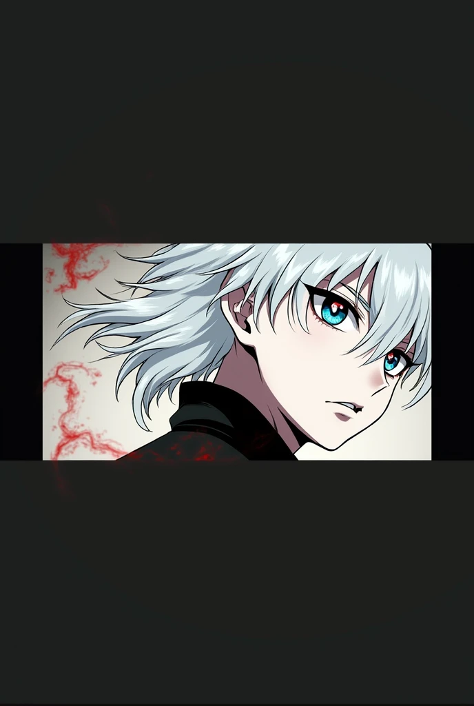 Gojo Satoru with white, all-white hair and blue eyes with a red aura