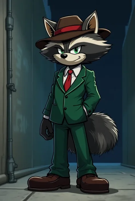 Create an illustration of a tall raccoon drawn in the Sonic art style. It is a raccoon with gray fur, aqua green eyes, and black hair. It is hiding in a industrial hallway at night, wearing a green suit, dark brown shoes with a red tie and a dark brown hat...