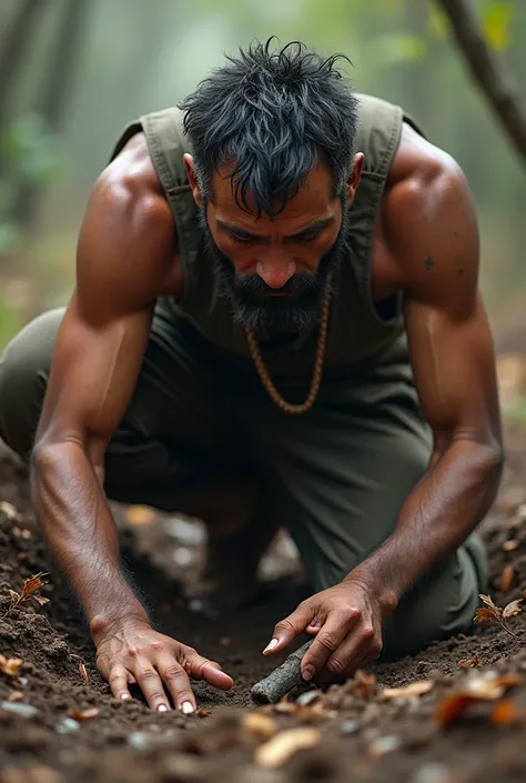 A man search samthig in ground 


