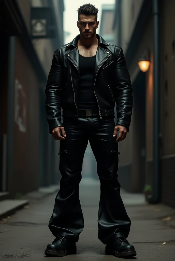 Show a man with full sleeves black leather jacket with black tank top inside and black flared leather pants and black boots