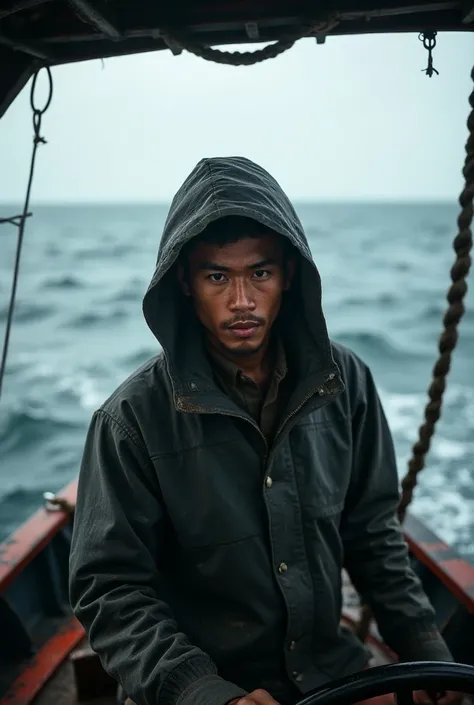  22-year-old javanese young man wearing raincoat clothes, rides a South Korean fishing boat,it appears the ship has radar furuno 