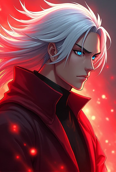 Gojo Satoru has white, all-white hair and blue eyes with a red aura