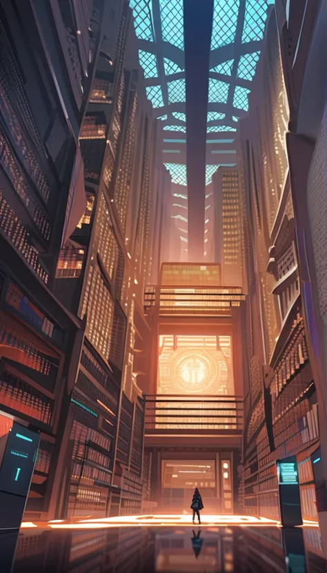 A cyberpunk  in awe at the center of 、 a huge futuristic library .  with thousands of books  