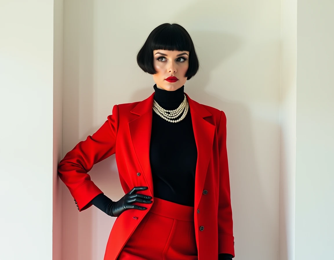 Photograph of Louise Brooks in a red suit . she is standing with one hand on her hip and the other hand extended to the side. the woman is wearing a red blazer ,black sweater with pearls and long sleeves, and a matching skirt. she has a pair of black glove...