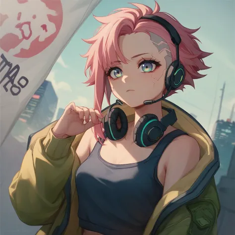 tank girl 、Dracula、helicopter in the background、  tank {x}  Mayonnaise logo on military uniform {x} tank、Bob Hair、Hair Color: pink、      headset      、baby face、cute、tank、 tank in the background、 tank 、Tank poster  、full moon、 cyberpunk、