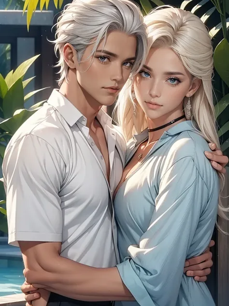 high, handsome, handsome, , mature man, platinum blonde hair, he has ดวงตาสีแดง, Tanned skin,   platinum hair, short coma, set, handsome hair  ,  hugging beautiful young woman, long black hair ,  blue eyes . They are falling in love .  realistic images . m...