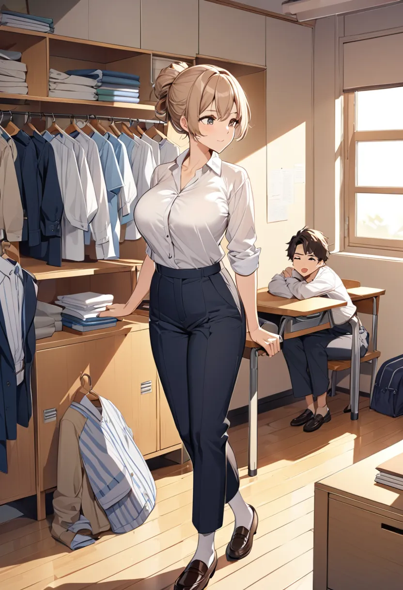 woman 1,  male student's extracurricular class scene . small room, table,  clean and tidy style , tidy clothes ,  comfortable bl...