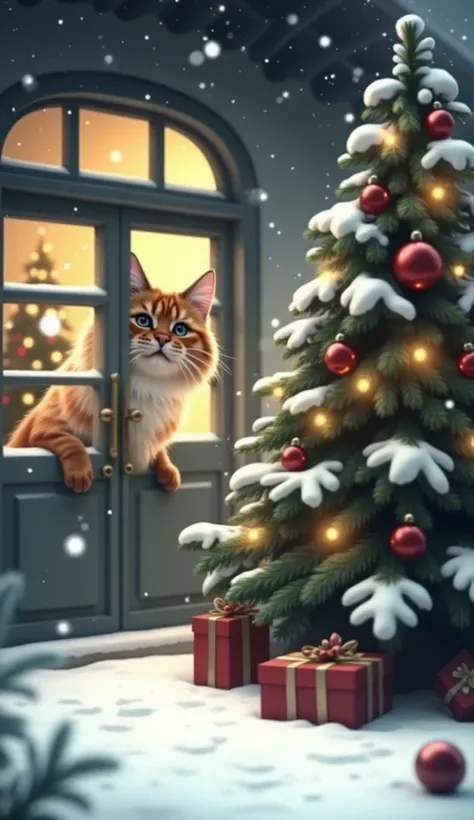 Christmas tree outside, snow, background house with window, fluffy cat is looking outsite,behind the window