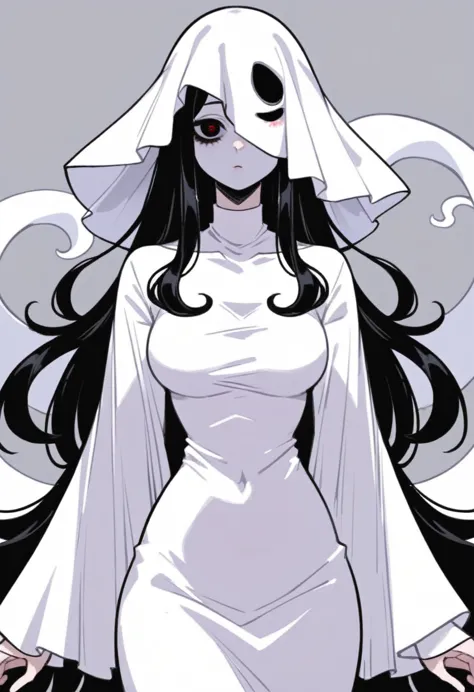 1 girl, ghost costume, all simple drawings. anime, beautiful, black hair, ghost cosstume style, beautiful squinting eyes, standi...