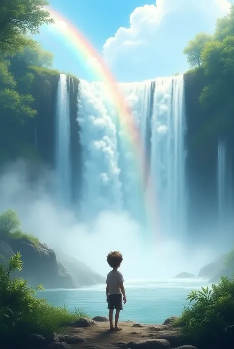 A boy is standing in front of a waterfall with a beautiful rainbow in front. The water is rushing down the hill. And the boy is looking at that waterfall