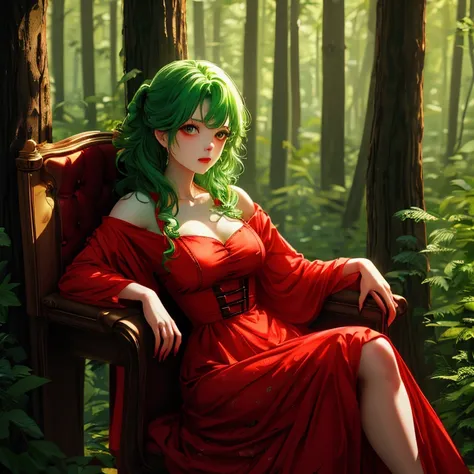  a woman with pride , Green hair,  wears a red dress with yellow decoration, You sit on a chair, in the middle of a forest full of strawberries