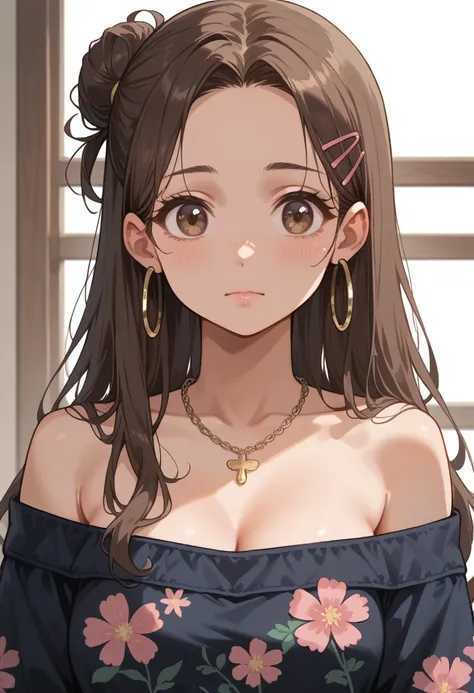 1girl, solo, upper body, short stature, medium breasts, long hair, low messy bun, dark brown hair, wavy strands, cute pastel hairpin, warm brown eyes, light tan skin, off-shoulder top, white color, loose fit, floral patterns, delicate necklace, small hoop ...