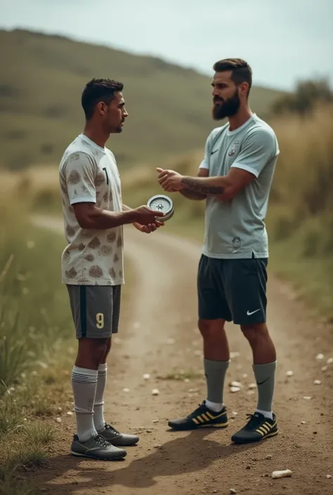 Ronaldo holds the compass and points confidently ahead, but both are standing in the same place where they came an hour ago. Messi looks at him doubtfully. A funny and slightly absurd sight, where the heroes are clearly lost.