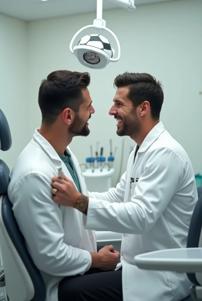 Messi is a dentist :  wearing a dentists coat, examining Cristiano Ronaldos teeth while Cristiano Ronaldo sits in the dentist chair, both with friendly expressions 