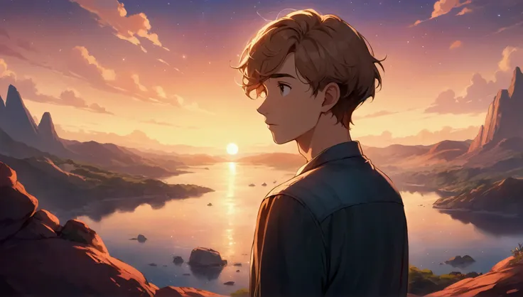 High-definition image, Disney Pixar style. A 30-year-old young man with light skin and light brown hair, looking reflectively at the horizon in a sunset landscape. Space for the title in the upper corner.