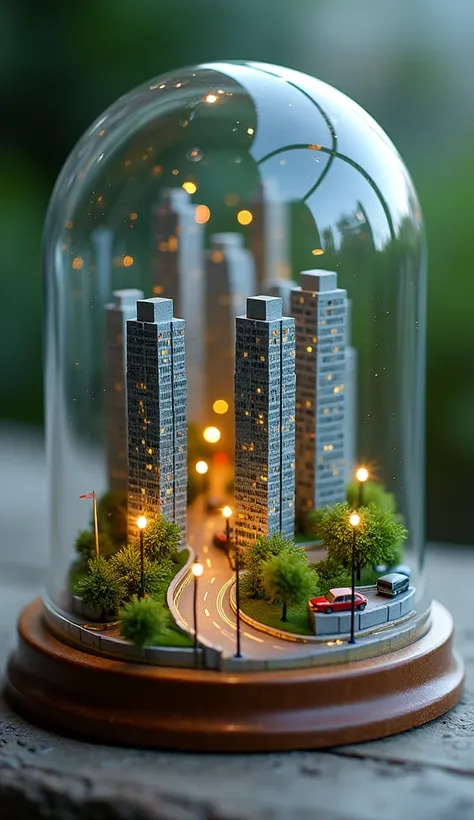 "A highly detailed miniature model of a modern city encapsulated within a clear glass dome. The city features tiny, realistic skyscrapers, lush green parks, winding roads, and miniature streetlights, each element meticulously crafted. The skyscrapers have ...