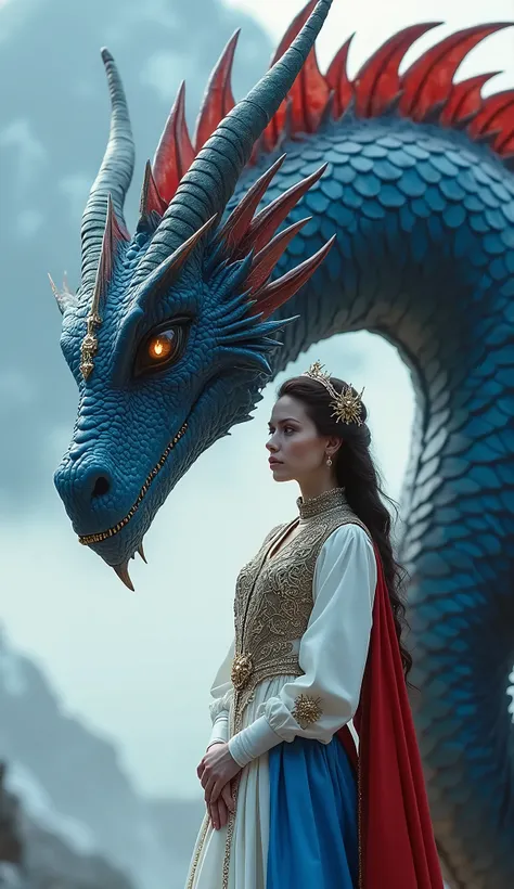 Write a descriptive passage about a stunning Russian woman who is the mother of a majestic dragon. She stands upright, wearing a striking white, blue, and red dress. By her side stands a colossal blue and red dragon. The scene is set against a breathtaking...