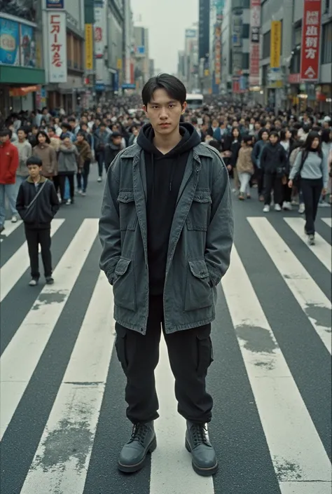 Extreme high angle photo shot, professional model, standard body height,  (human to human ratio 1:1) standing on a crosswalk center inspired by Shibuya scramble, stare into the camera, wearing black washing safari long jacket with black hoodie, black cargo...