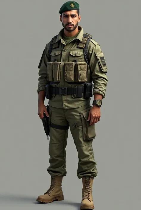 A full, realistic picture of a young Arab man wearing a digital camouflage police suit 
Beige boots, green tactical military cap, police officer, unarmed