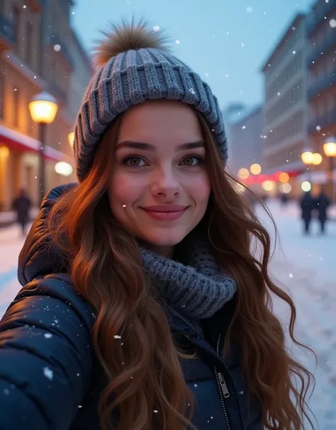 8k, 4k, Beautiful Russian girl, plump girl, chubby girl, ((big brown eyes)), ((plump lips)), ((long curly light brown hair)), in a down jacket, in a hat, background: winter, evening, city, snow, Selfie,