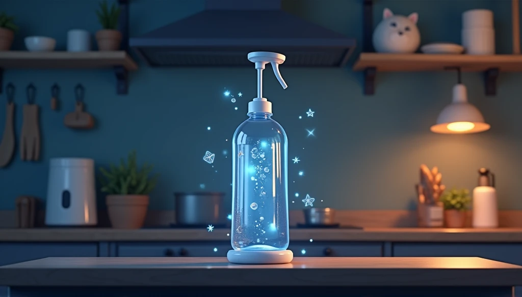 animation style . I need to create a water dispenser with its bottle on a nadir plane on a central table, And in the background that this is a kitchen at night 
