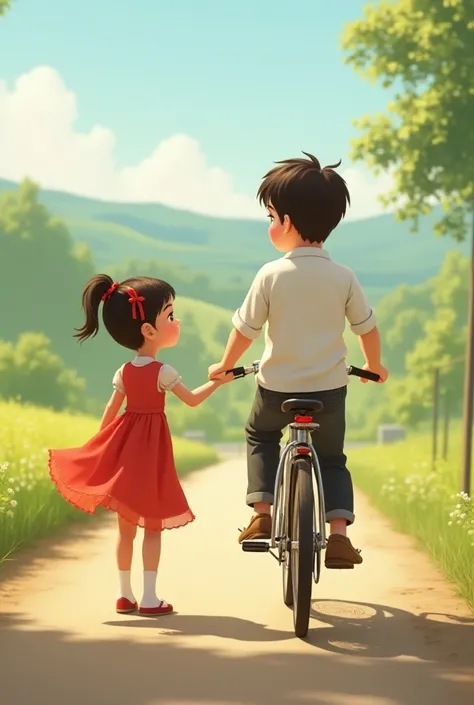 A  boy on cycle stop beside the  girl and the boy wearing white colour shirt and girl wearing red colour dress 